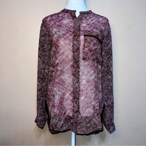 Banana Republic Piece Striped Blouse Sheer Button Down Tunic Pocket Burgundy Top